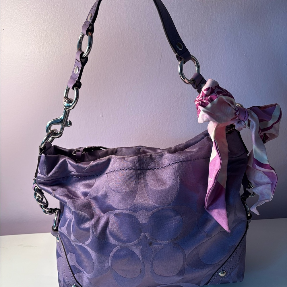 Elegant Coach Shoulder Bag with Pink Scarf